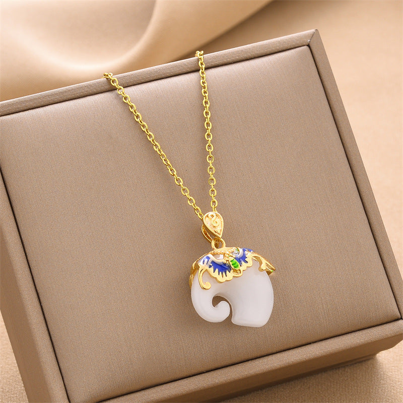 Elegant White Jade Elephant Pendant Necklace with Enamel Detailing – Symbolic and Unique Jewelry jltn0511