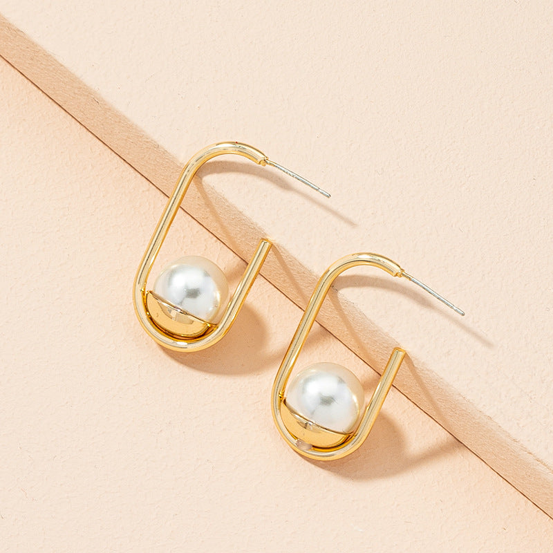 Gold Geometric Pearl Hoop Earring JLT11337