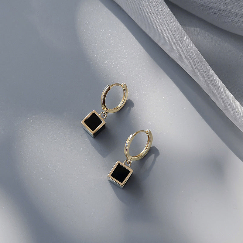 Minimalist Hoop Square Drop Earrings with black Accents jlt11513