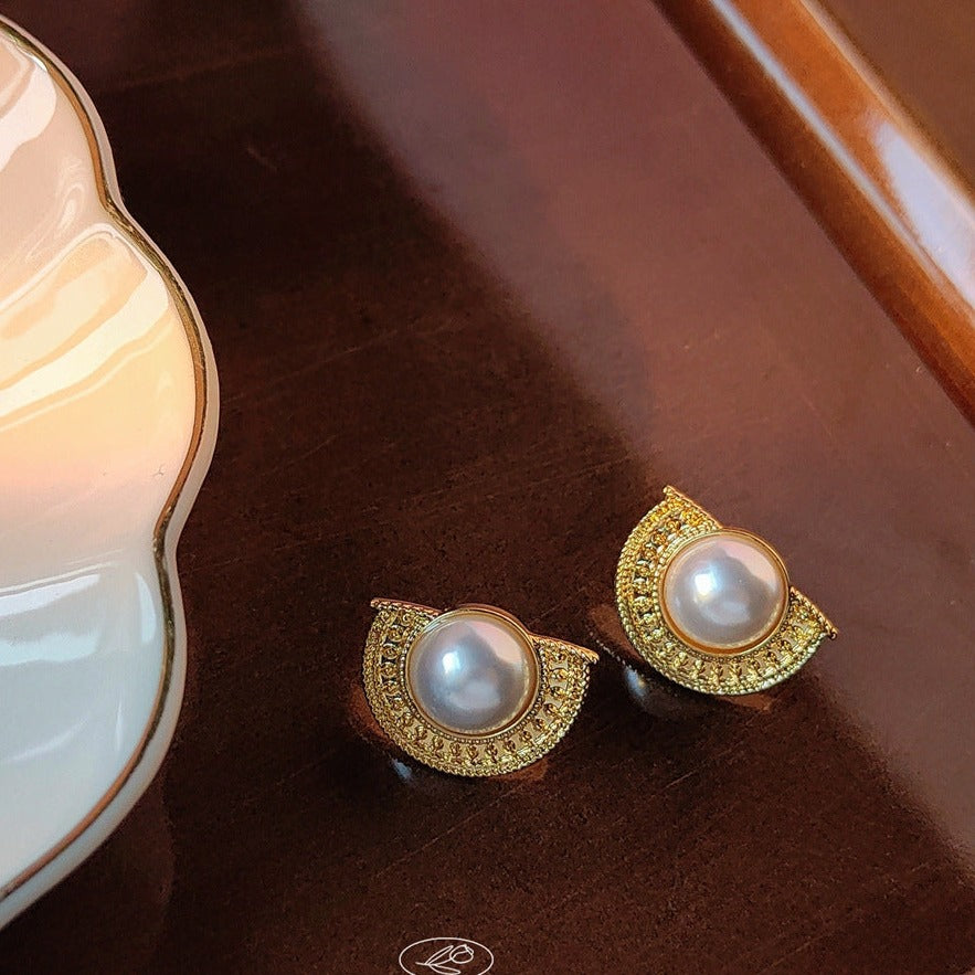 Lustrous Pearl Half-Moon Stud Earrings-jlt11542