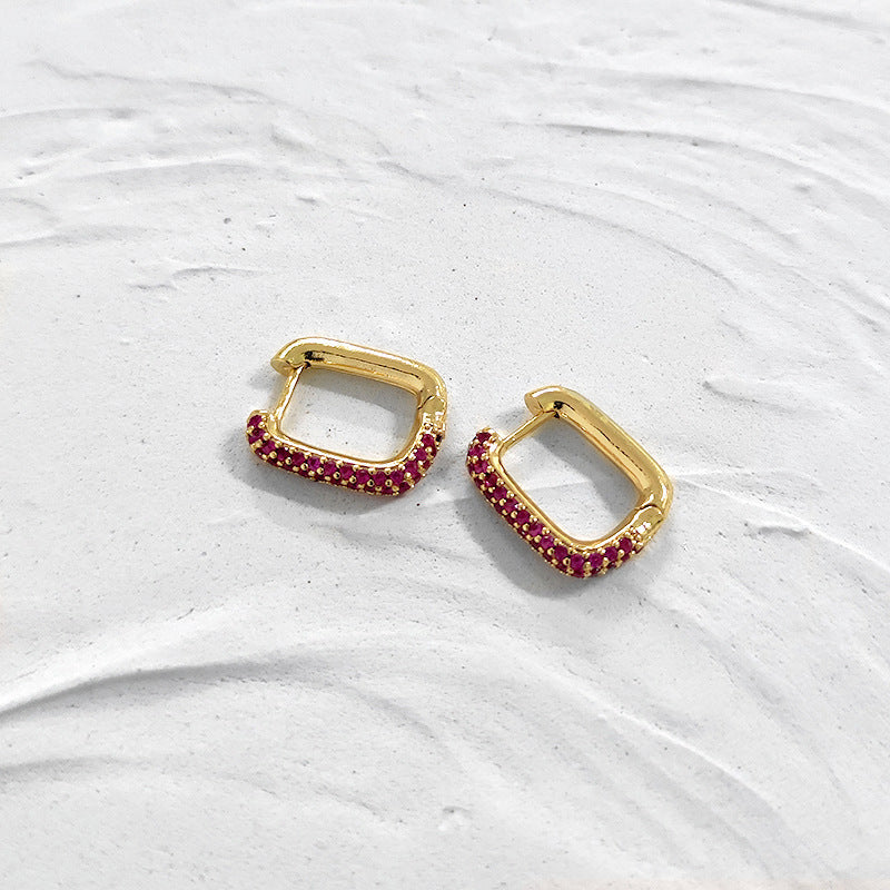 Geometric Gold Square Hoop Earrings with Pink Crystal Detailing-jlt11553