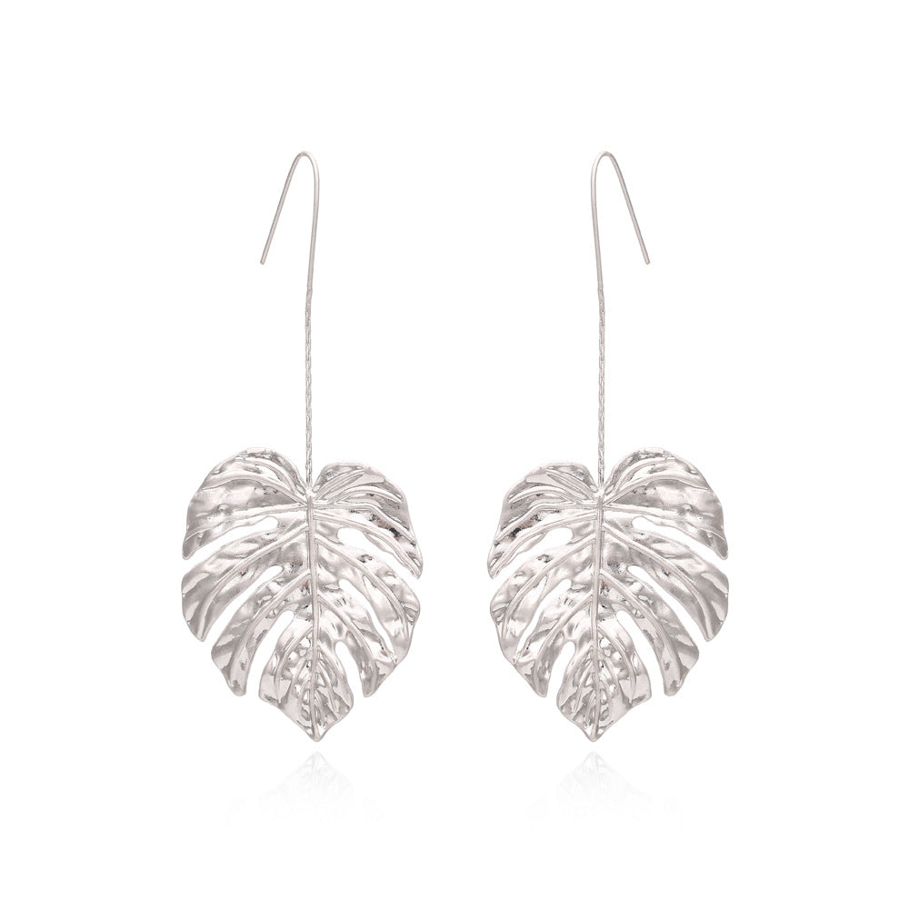 Silver Monstera Leaf Drop Earrings-jlt11570