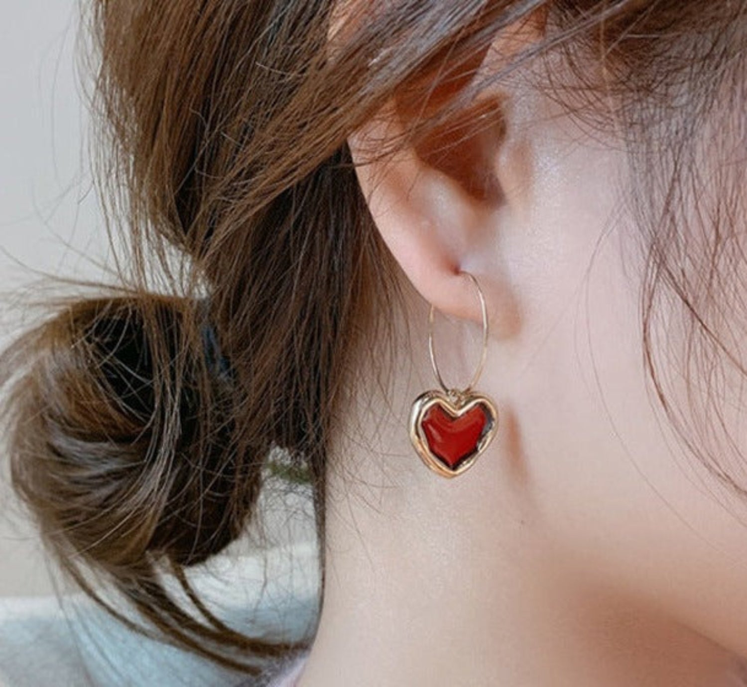 Mystical Heart Hoop Earrings with Red Enamel jlt11627