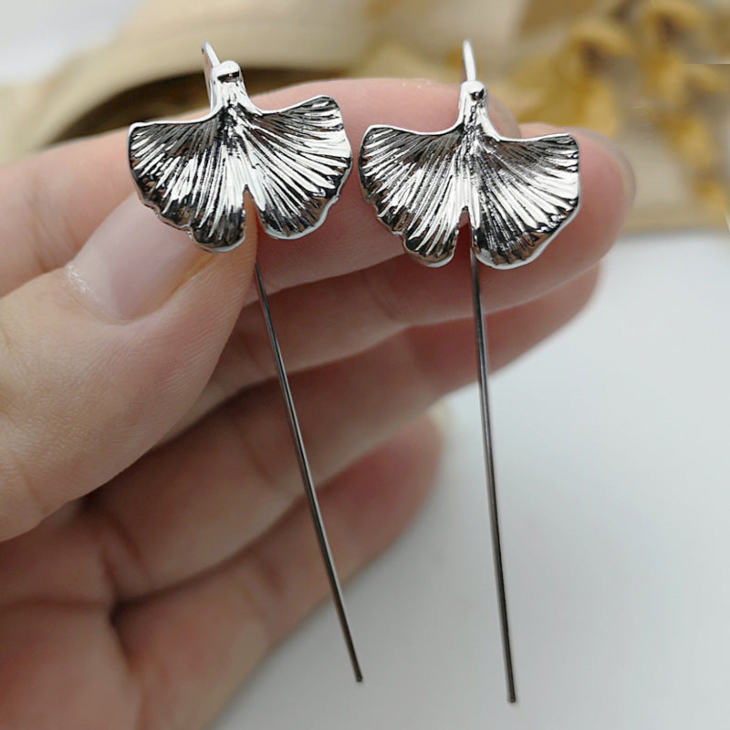 Silver Ginkgo Leaf Drop Earrings JLT11665