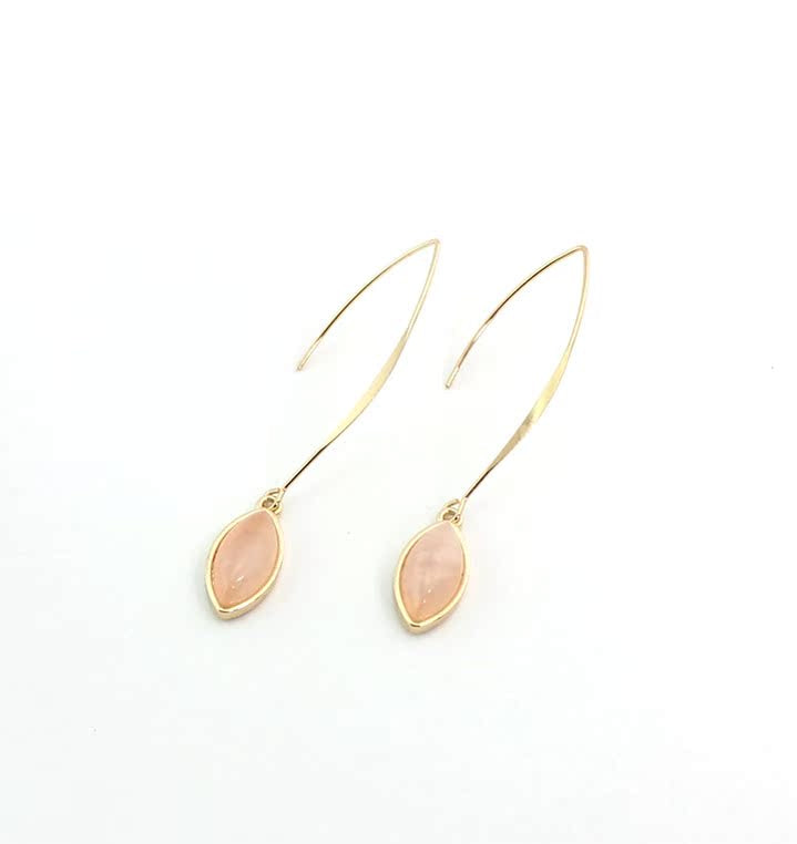 Gold-Color Long Dangle Earrings with Rose Quartz Charm jlt11704