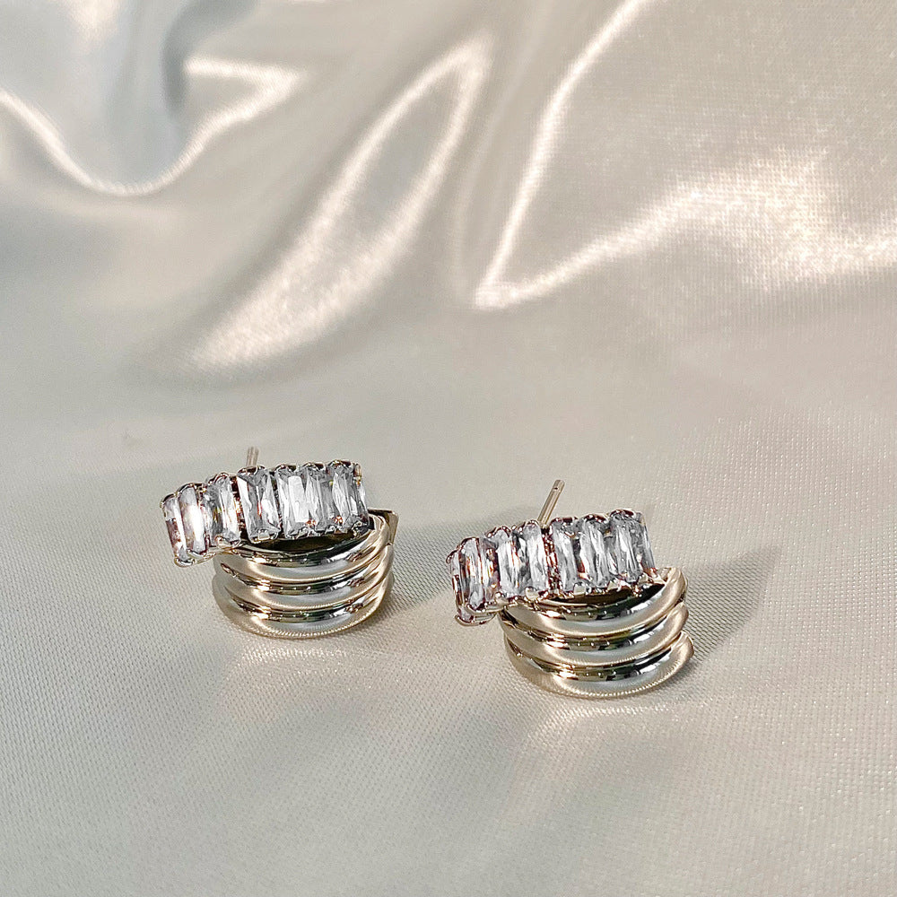 Silver Multi-Band Earrings with Clear Gemstones jlt11709