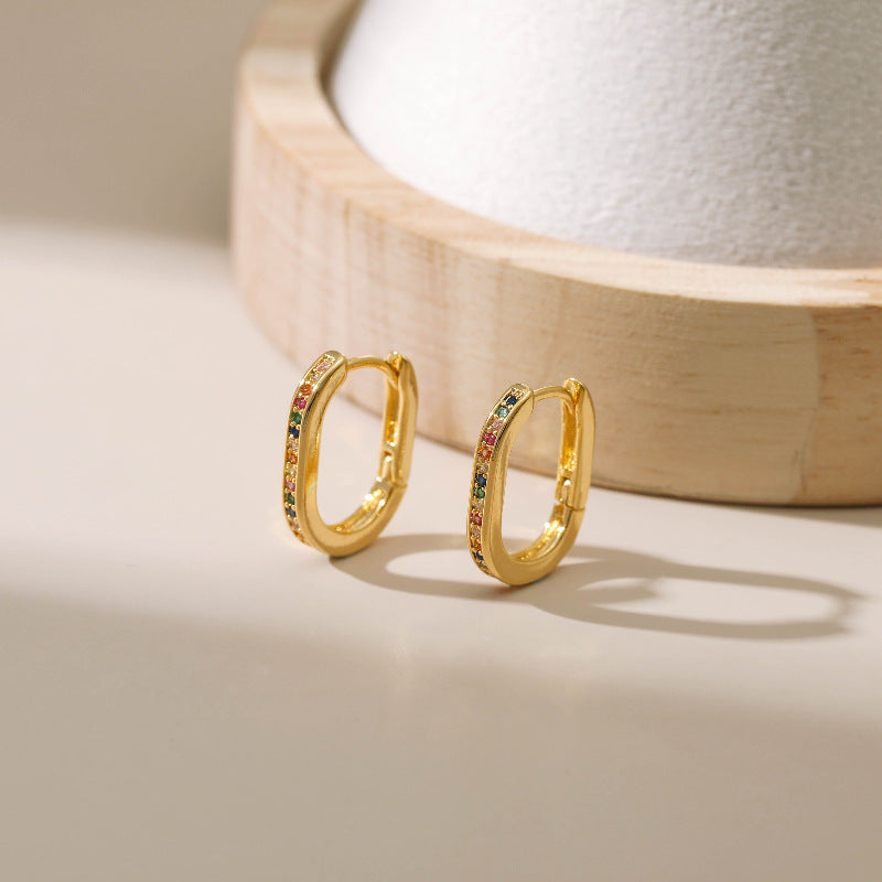 Classic Gold-Color Oval Hoop Earrings with Multi-Color Stones-jlt11733