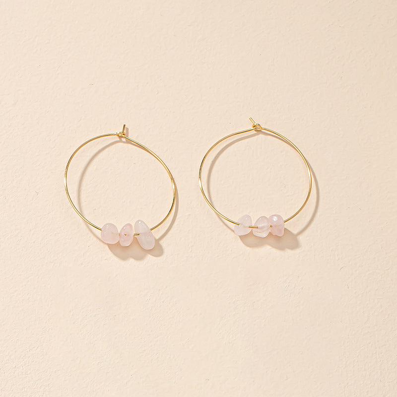 Gold Hoop Earrings with Rose Quartz Beads-jlt11803