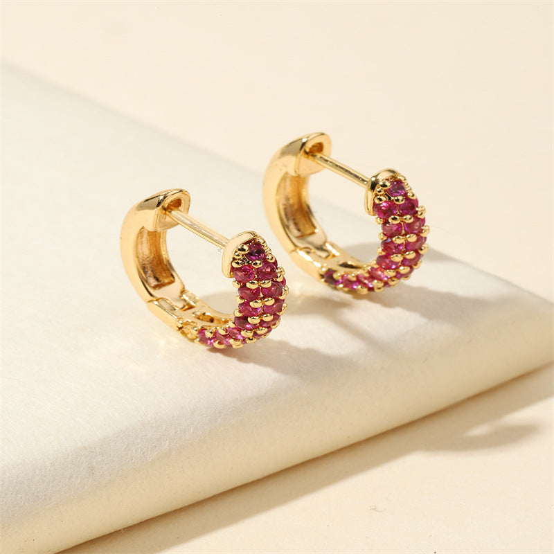 Gold Huggie Hoop Earrings with Pink Crystals-jlt11821