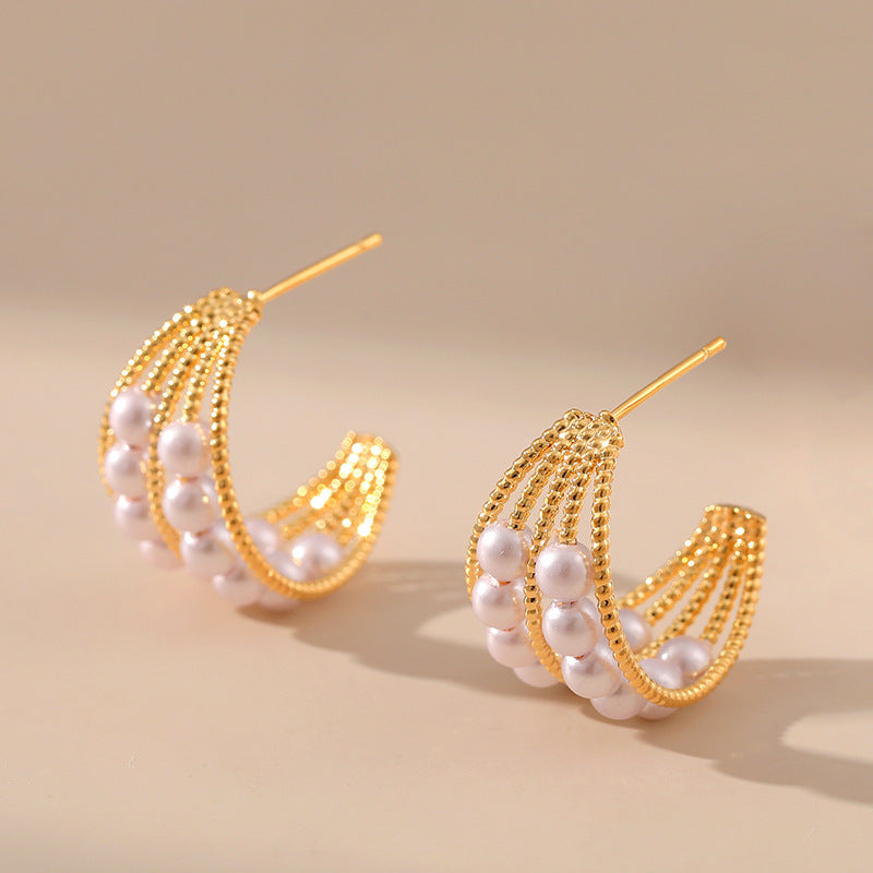 Gold Beaded Hoop Earrings with Pearl -jlt11842