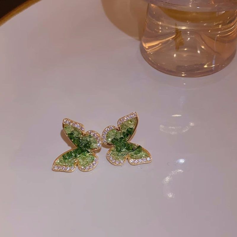 Green Crystal Butterfly Stud Earrings-jlt11847
