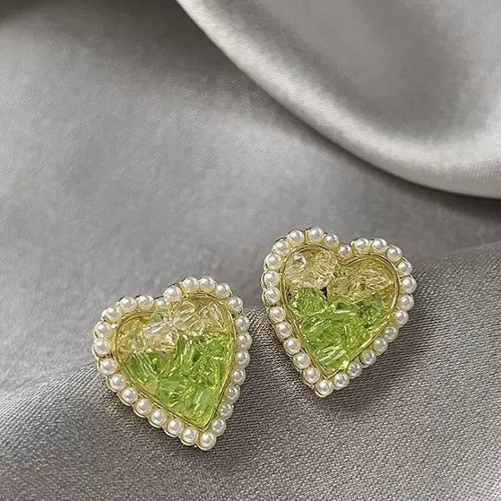 Heart-Shaped Green Crystal & Pearl Stud Earrings-jlt11848