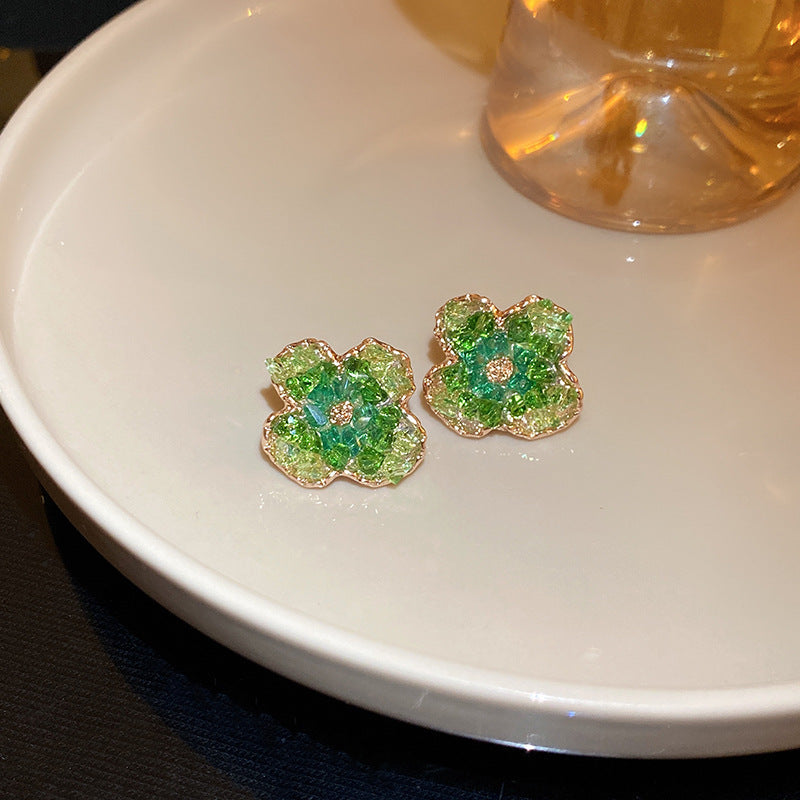 Green Crystal Flower Stud Earrings-jlt11853