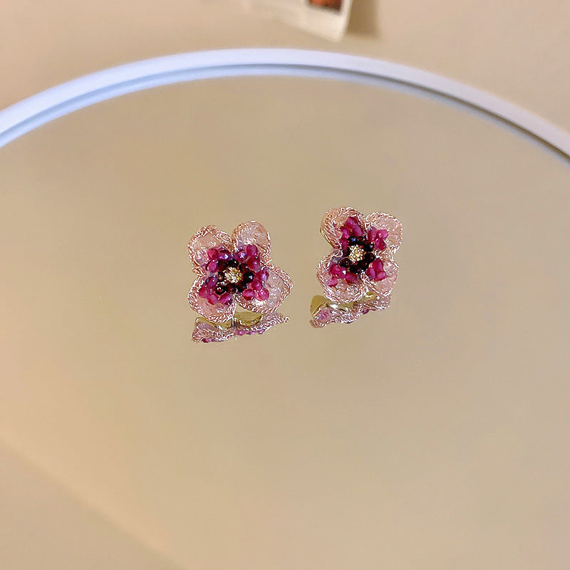 Pink Crystal Flower Stud Earrings-jlt11854