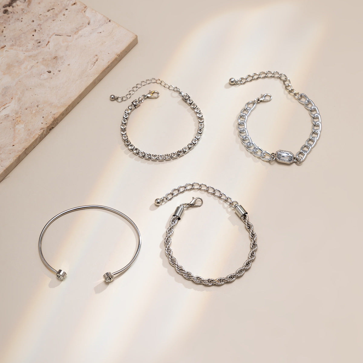 Just Lil Things - Artifical Silver Elegance Bracelet Set – Minimal, Chunky & Crystal Designs - Jltb0204