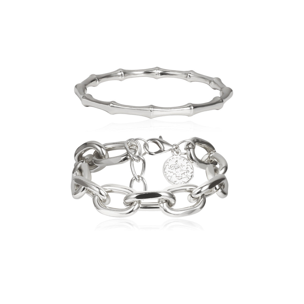 Just Lil Things Artifical Silver Dual Charm Bracelet Set – Chunky Link & Bamboo Style Silver Bracelet jltb0209