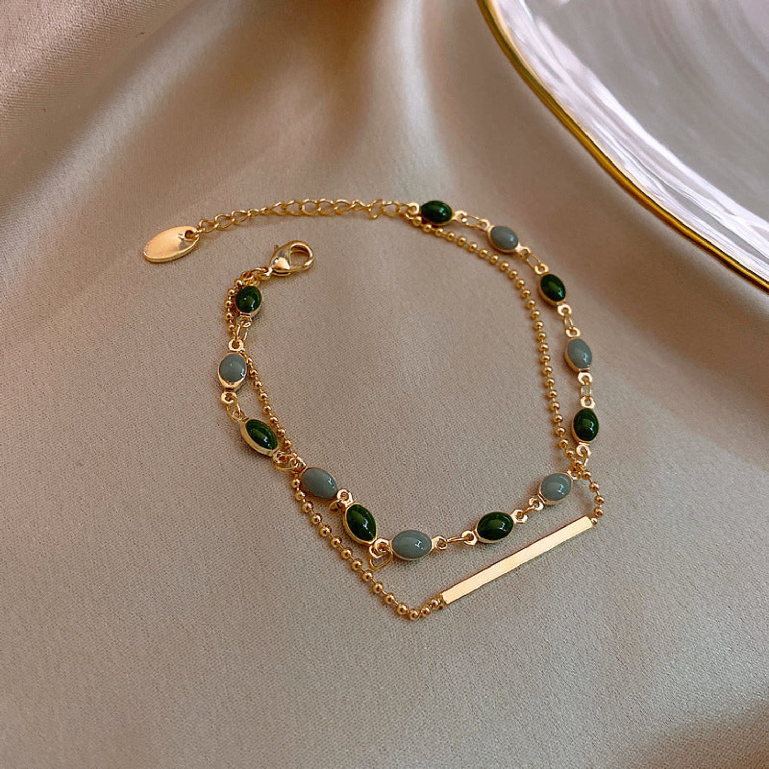 Just Lil Things Artificial Emerald & Grey Dual-Layer| Minimal Elegant Bracelets jltb0260
