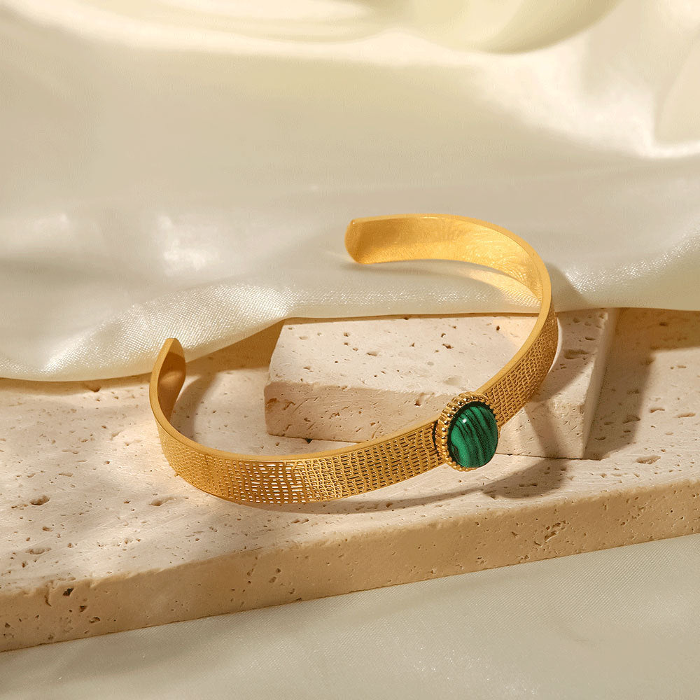 just-lil-things-artificial-Gold Textured Cuff Bracelet with Green Stone Accent-bracelets-jltb0266