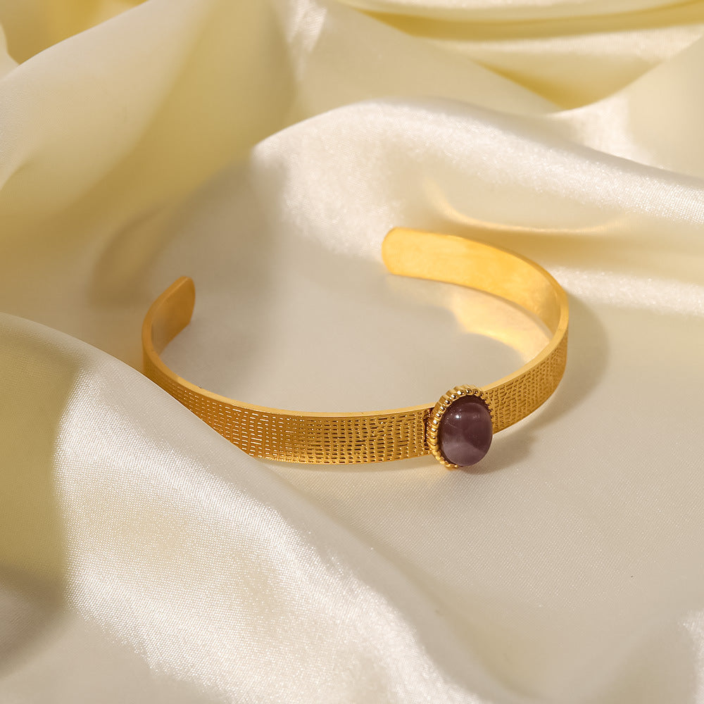 just-lil-things-artificial-Golden Textured Cuff Bracelet with Deep Purple Stone-jltb0268