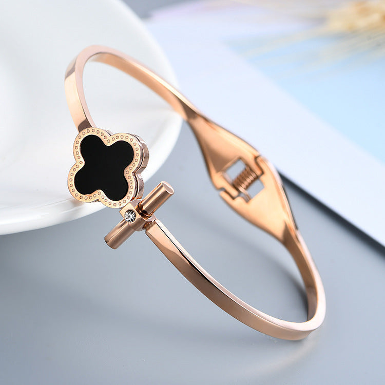 just-lil-things-artificial-Rose Gold Clover Charm Bracelet with Black Enamel Accent-jltb0278