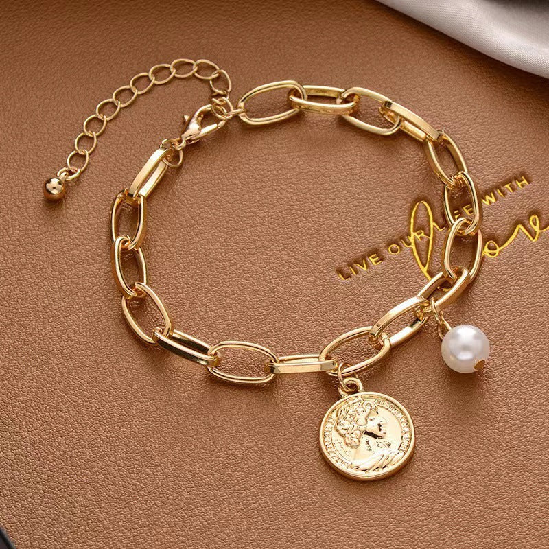 Just Lil Things Artificial Coin & Pearl Charm – Chic Chain Design Bracelet jltb0284