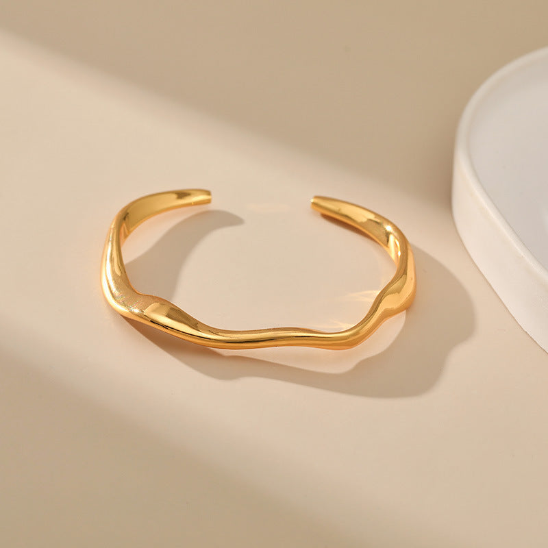 just-lil-things-artificial -"Golden Wave Cuff Bracelet – Minimal Textured Open Bangle Design"-jltb0347