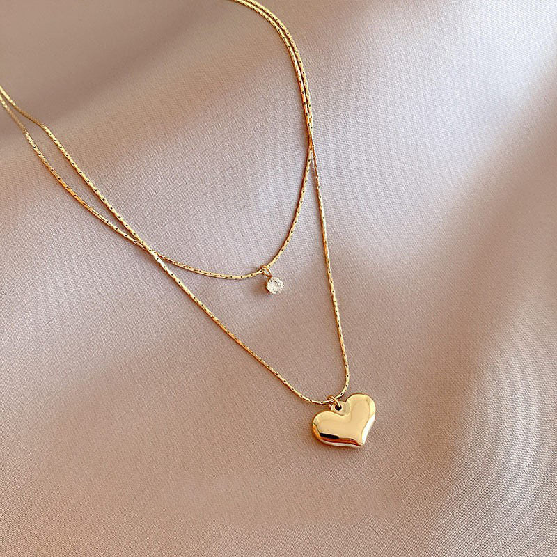 Gold-Plated Layered Necklace with Heart Pendant and Crystal Charm – Minimalist Double Chain Jewelry jltn0515