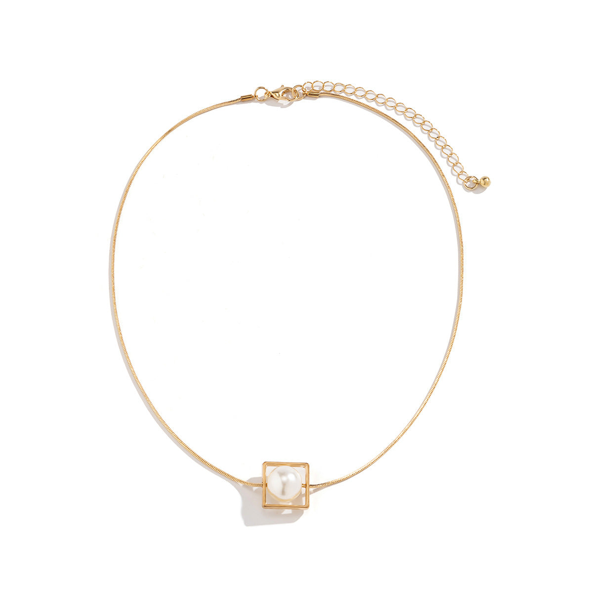 Modern Gold-Color Cube Pendant Necklace with Floating Pearl – Minimalist Geometric Jewelry-jltn0516
