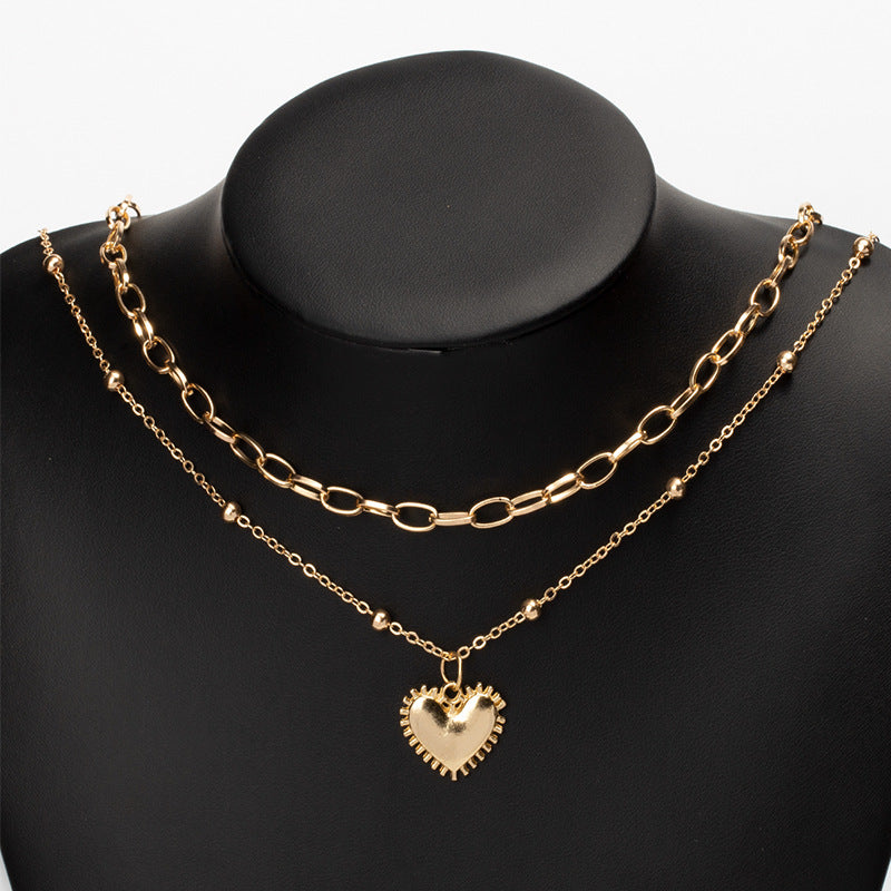 Layered Gold-Color Heart Pendant Necklace with Chain Link Design – Trendy and Elegant Jewelry-jltn0525