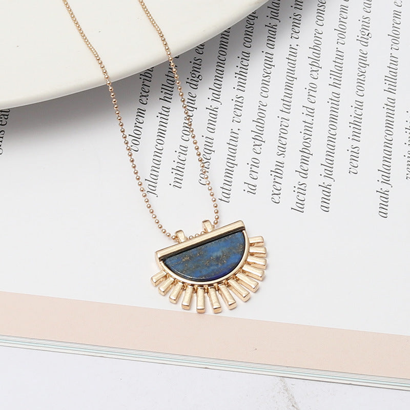 Half-Moon Pendant Necklace with Lapis Lazuli Sunburst Design – Unique Geometric Jewelry jltn0528