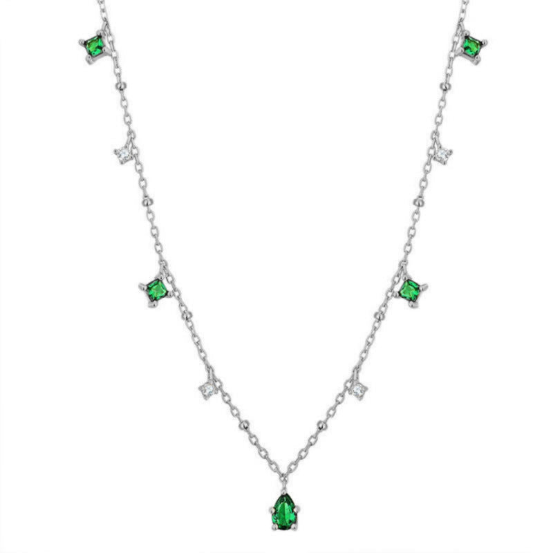 Sterling Silver Necklace with Emerald Green and Clear Crystal Accents – Elegant Minimalist Jewelry jltn0529