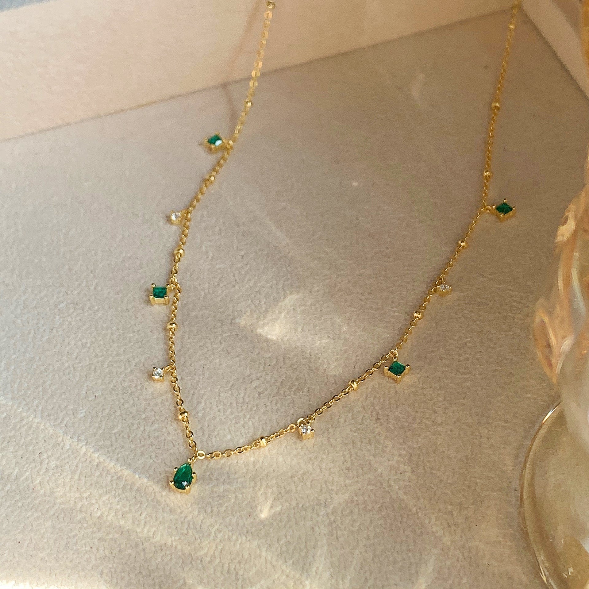 Emerald Green Accents and Clear Crystal Droplets – Dainty and Elegant Jewelry JLTN0530