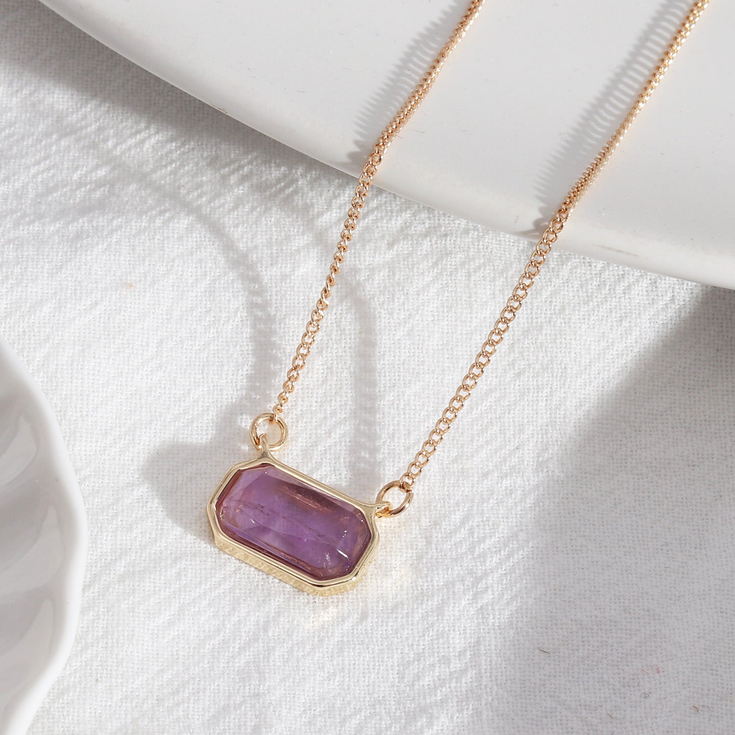 Gold-color Amethyst Rectangle Pendant Purple Necklace – Minimalist Gemstone Jewelry-jltn0531