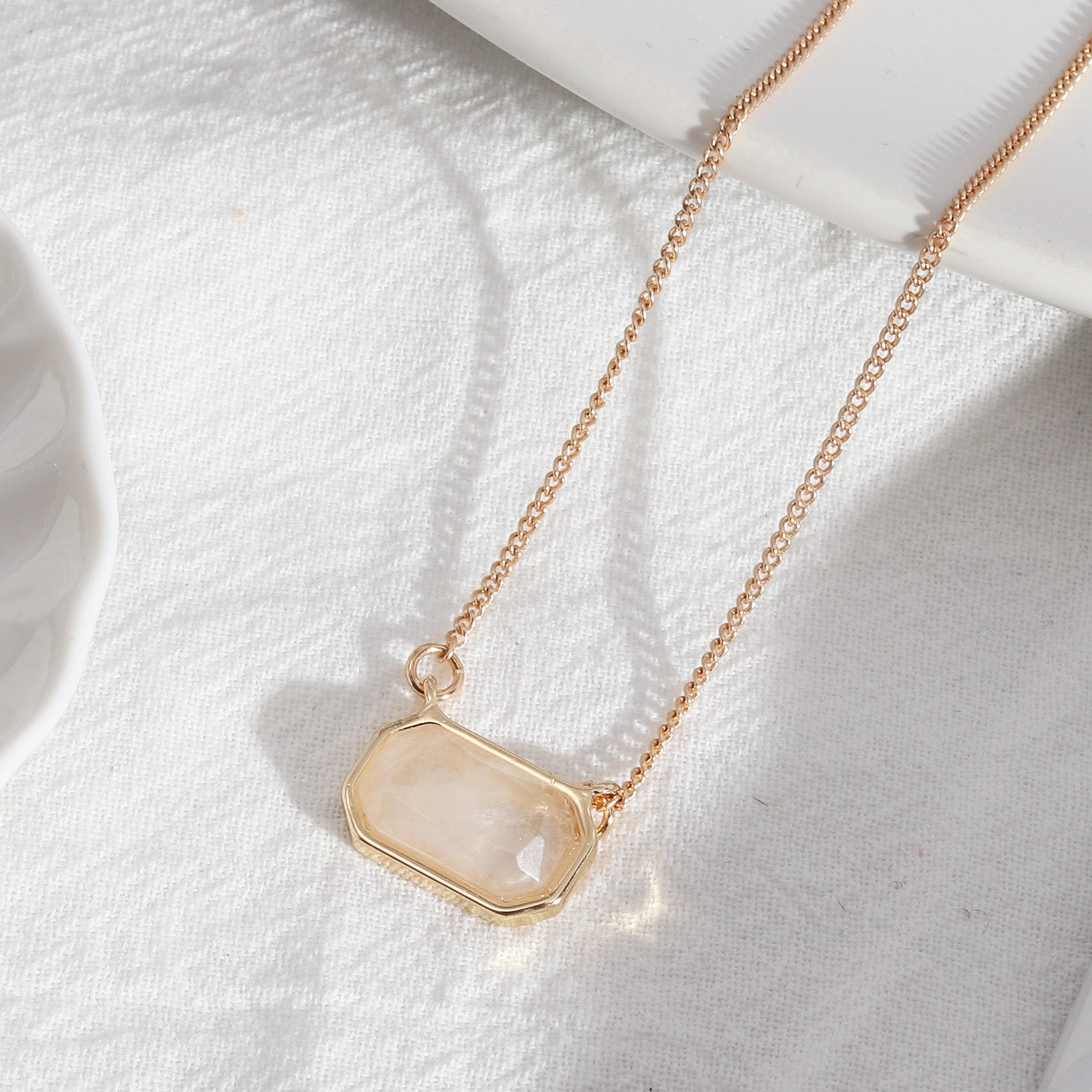 Gold-Color Amethyst Rectangle Pendant White Necklace – Minimalist Gemstone Jewelry-jltn0533