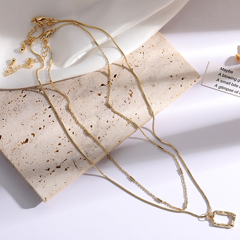 Triple-Layer Gold-Plated Necklace with Geometric Pendant – Modern Minimalist Statement Jewelry-jltn0544