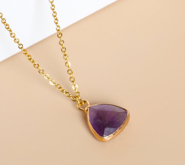 Gold-Color Amethyst Crystal Pendant Necklace – Natural Gemstone Triangle Charm-jltn0553