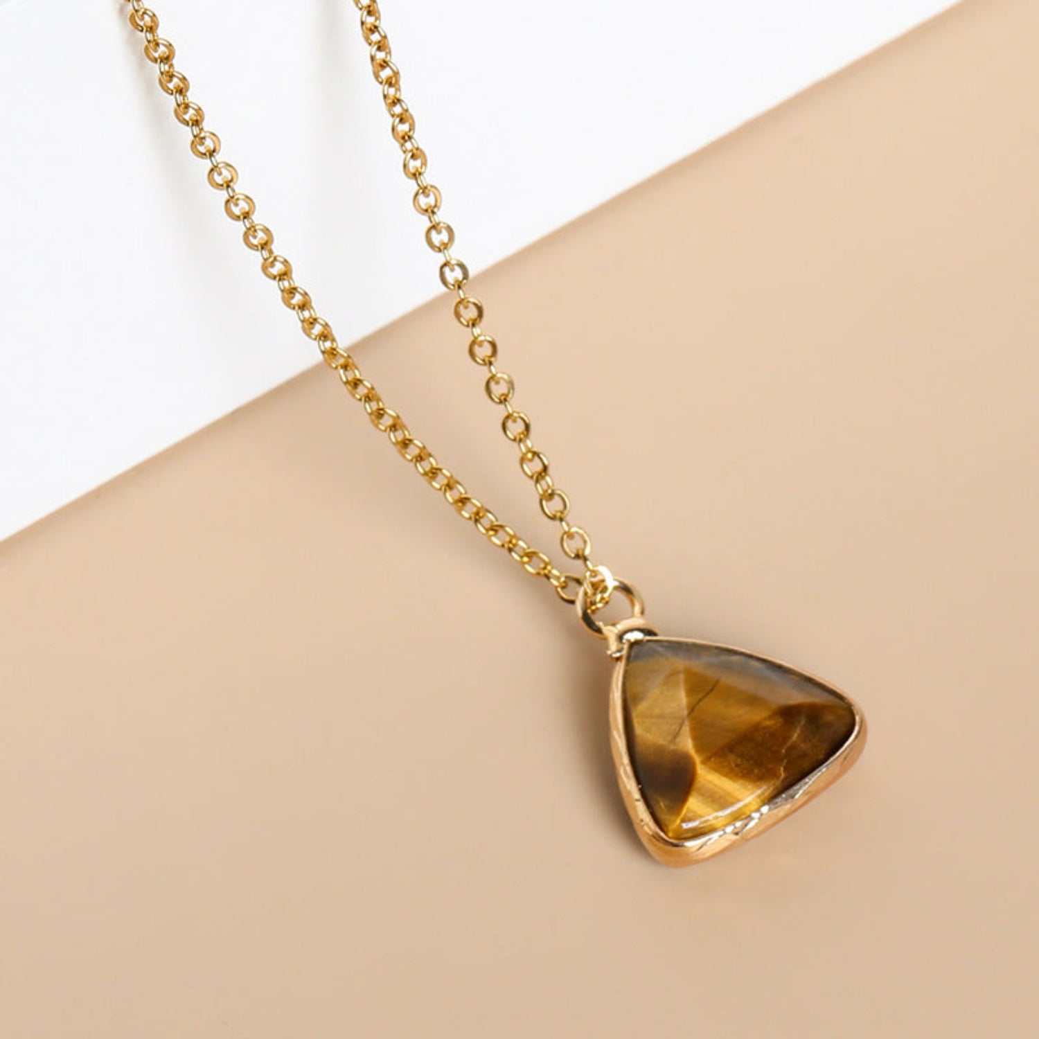 Gold-color Amethyst Crystal Pendant Necklace – Natural Gemstone Triangle Charm-jltn0555