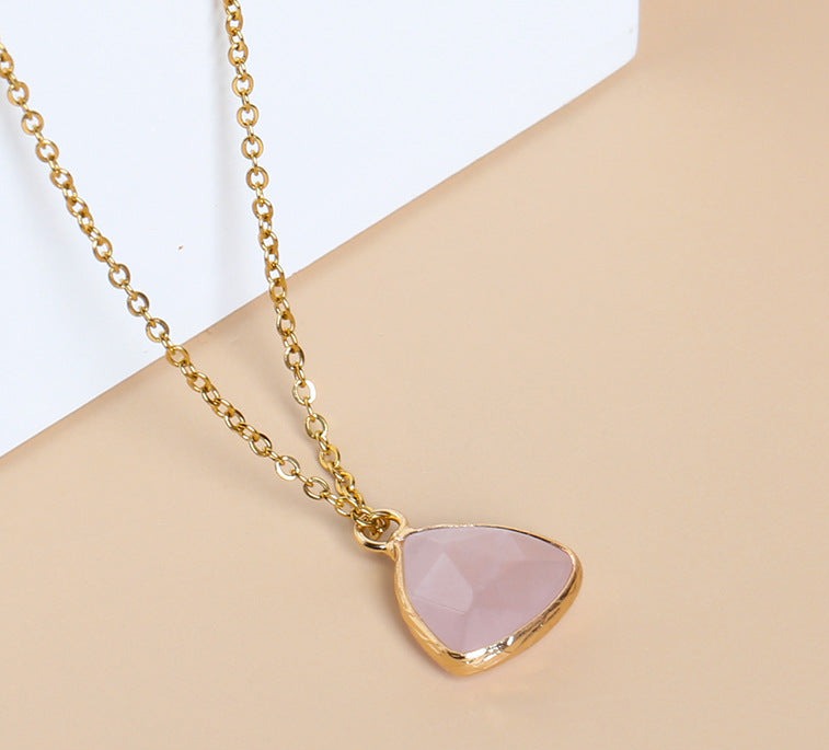 Gold-Color Amethyst Crystal Pendant Necklace – Natural Gemstone Triangle Charm-jltn0556