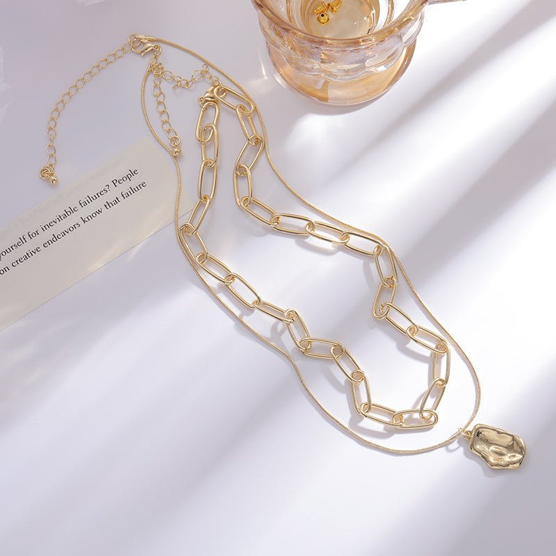 Gold-color Layered Chain Necklace with Organic Pendant – Modern Chunky Statement Jewelry-jltn0557
