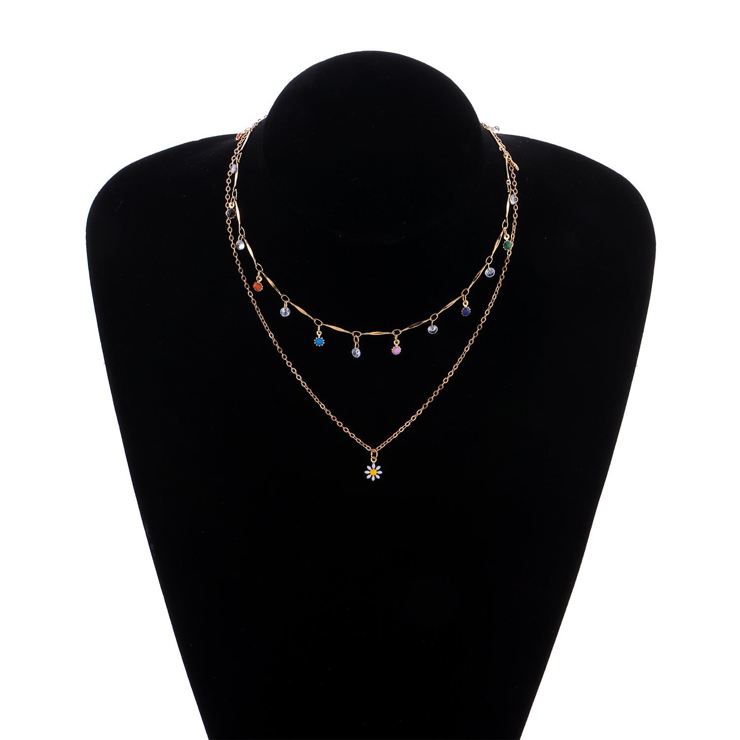 Gold-Plated Layered Necklace with Colorful Charms and Daisy Pendant – Playful Boho Chic Jewelry-jltn0558