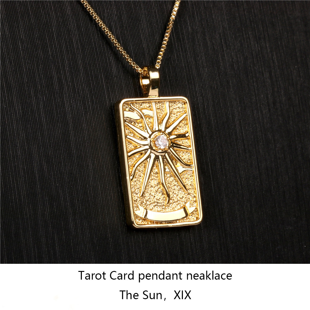 Gold-color Tarot Card Necklace – The Sun XIX Pendant with Crystal Accent-jltn0559