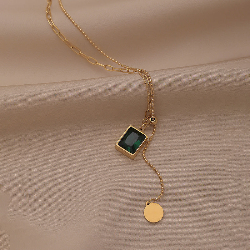 Gold-color Lariat Necklace with Emerald Green Pendant – Elegant Minimalist Jewelry-jltn0563