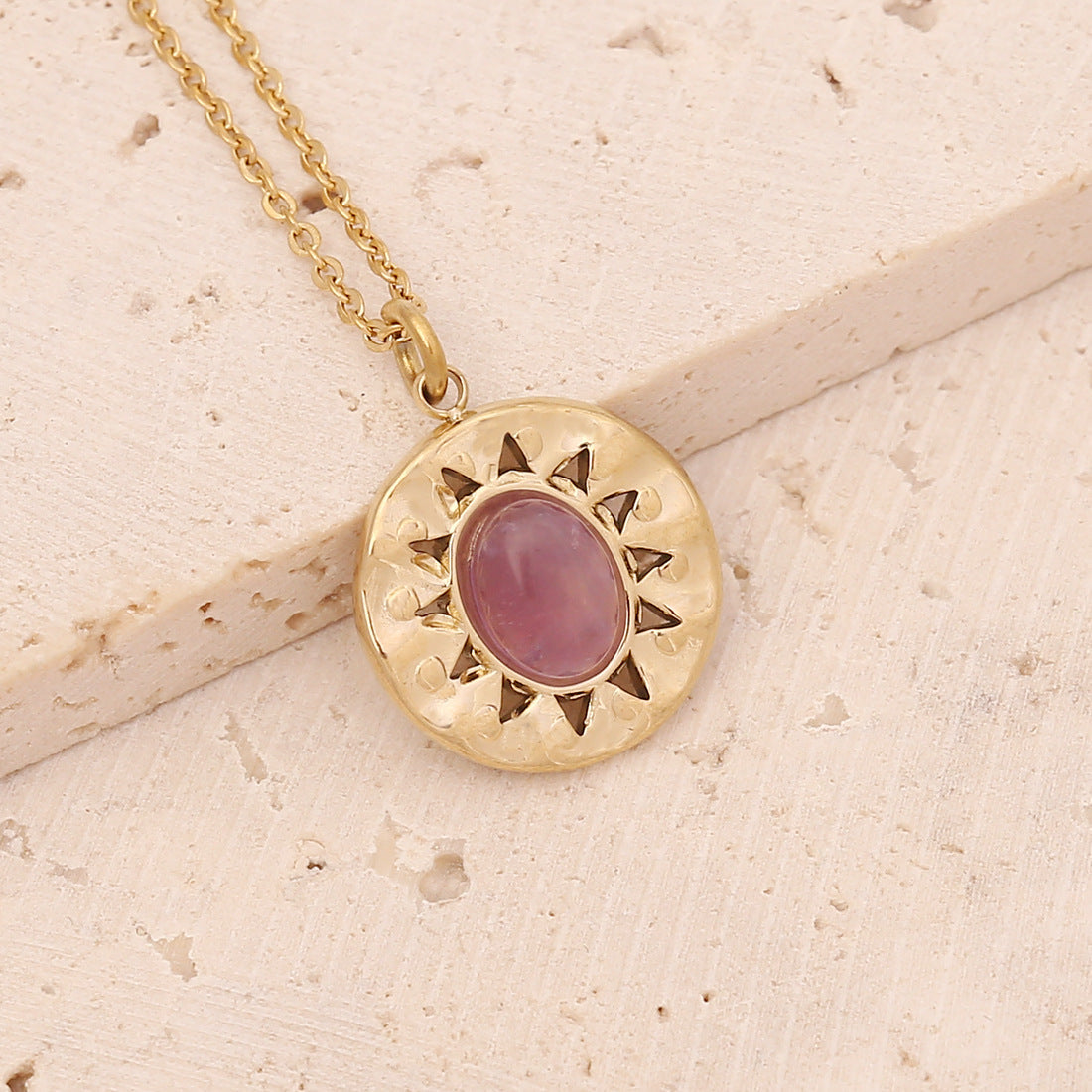 Gold Sunburst Pendant Necklace with Pink Gemstone -jltn0641