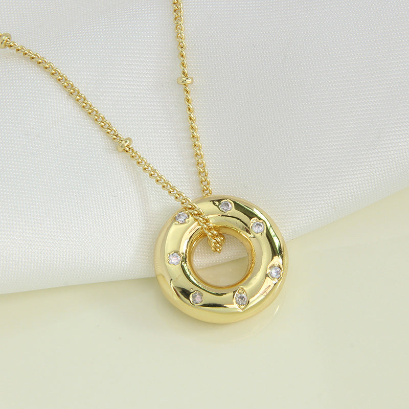 Gold Circle Pendant Necklace with Gemstones-jltn0671