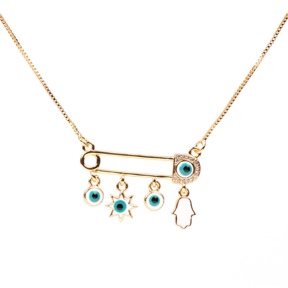 Evil Eye Safety Pin Necklace-jltn0674