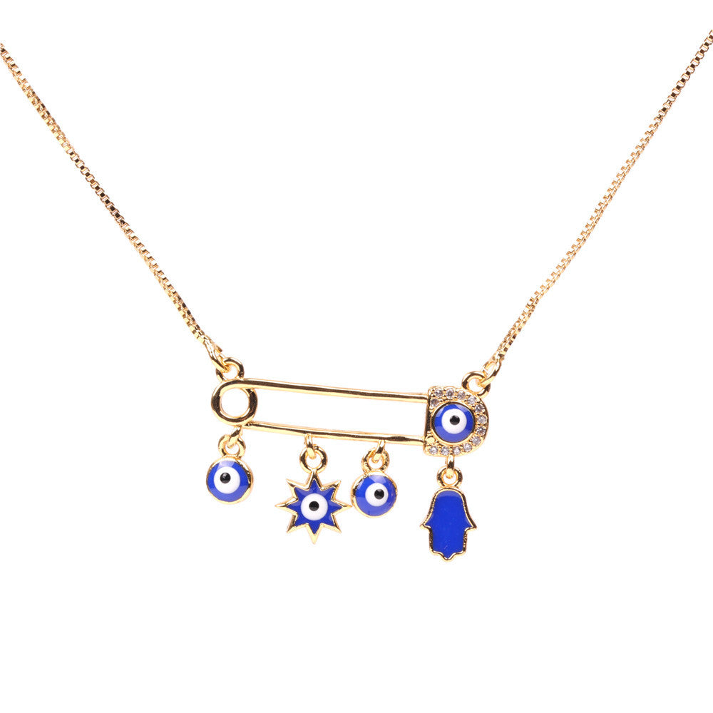 Blue Evil Eye Safety Pin Necklace-jltn0675