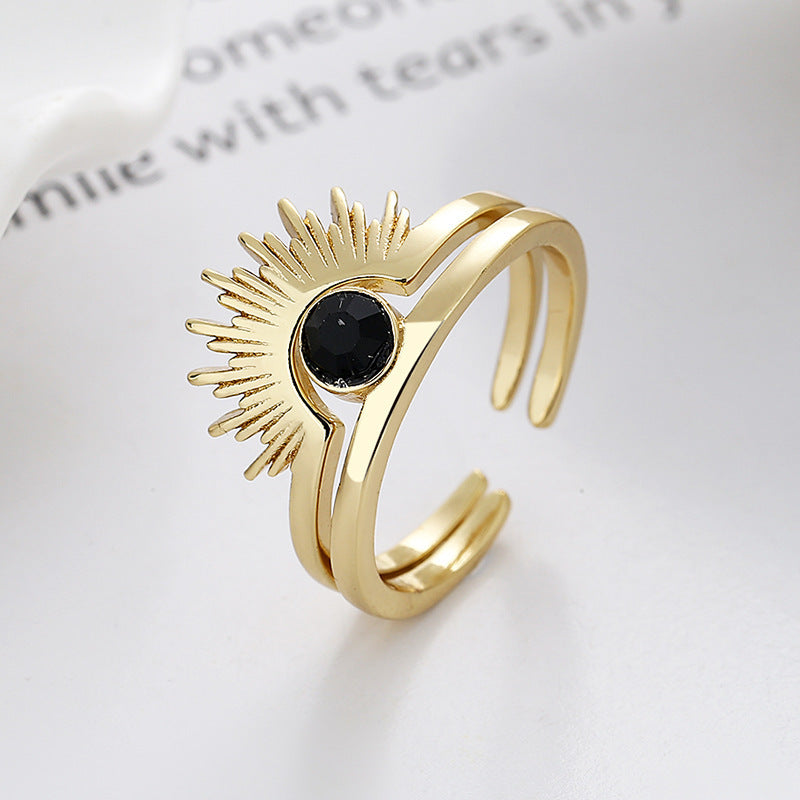 Just Lil Things Artificial Golden Sunburst Adjustable Ring with Black Stone – Celestial Chic jltr0221