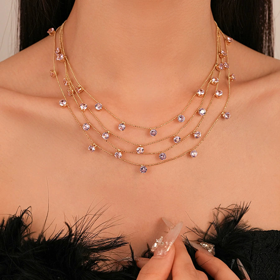 Just Lil Things Multi-Layer Rose Crystal Drop Necklace – Elegant Draped Chain Design with Sparkling Round Charms jltn1591