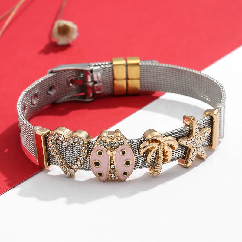 Just Lil Things Charming Silver Mesh Bracelet with Playful Gold and Crystal Accents JLTB0862
