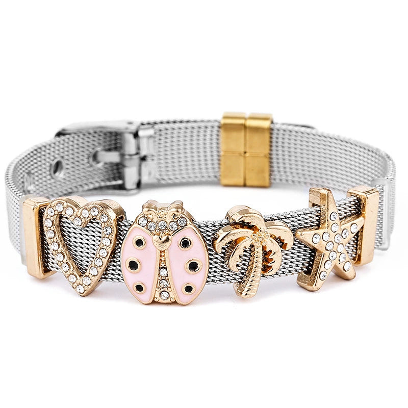Just Lil Things Charming Silver Mesh Bracelet with Playful Gold and Crystal Accents JLTB0862